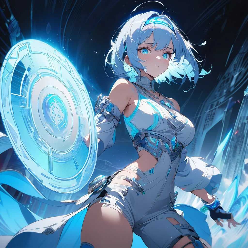Create an image of a gentle girl with short, silvery-blue hair wearing a fitted, high-collar, long-sleeved shirt with glowing runic patterns, slim-fit cargo pants, fingerless gloves with LED strips, articulated knee guards, and sturdy, glowing-trim combat boots; she has a high-tech headband, (nude:0.8) a silver necklace with a crystal pendant, and a wrist-mounted holographic projector, and she is generating a large, translucent energy shield with intricate, glowing blue patterns, standing in a dynamic yet gentle pose with a dark, dramatic background illuminated by blue light and energy waves, detailed gorgeous face| anime style| key visual| intricate detail| highly detailed| breathtaking| vibrant| panoramic| cinematic| Carne Griffiths| Conrad Roset| gibbli 8