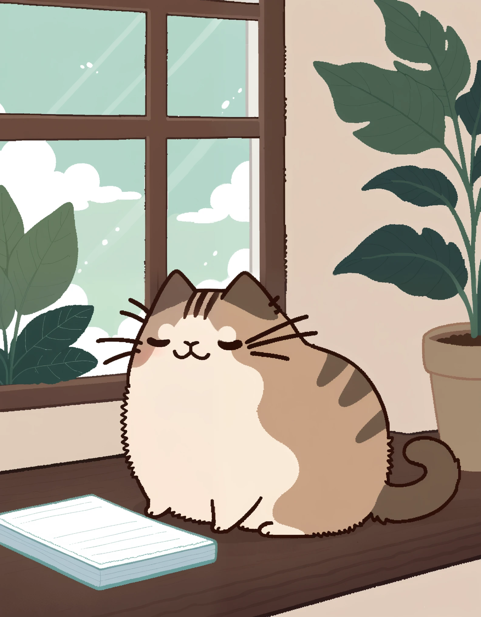 (by Wonderslug, by Youjomodoki:1.2), chibi feral (pusheen:1.3), fluffy, side view, three-quarter portrait, table, window, plant, stationery