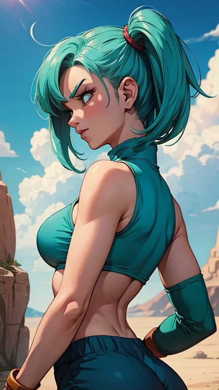 score_9, score_8_up, score_7_up, score_6_up, BREAK Bulma, medium breasts, evil smirk,one hand on hip, sweating, in a desert, looking at viewer