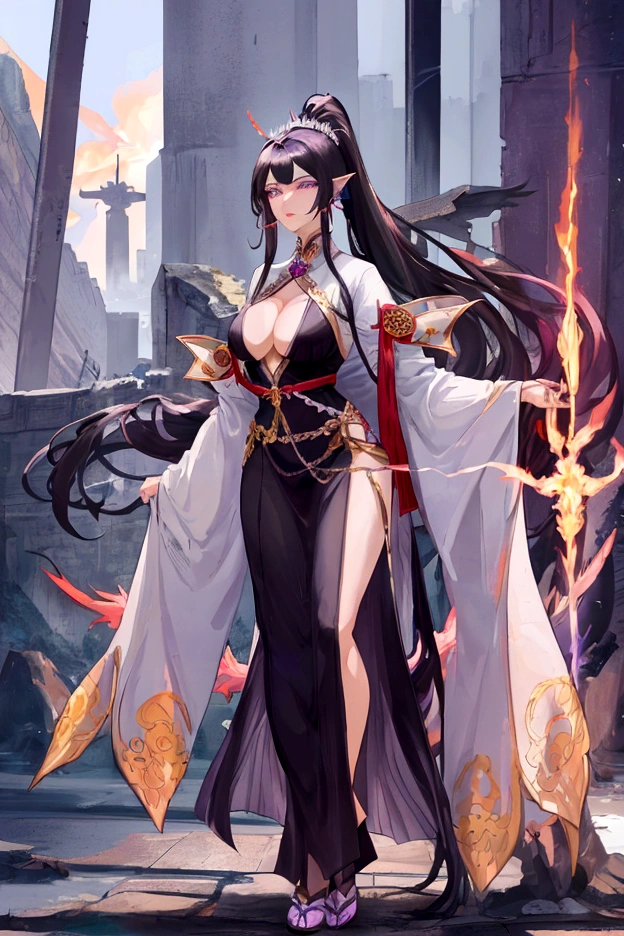 An adult tall woman, a war goddess, black hair with gray streaks, high ponytail, purple eyes, divine light, open white clothes, indifferent gaze, lipstick, dragon horns and tail, spears, reference, full height, phoenix