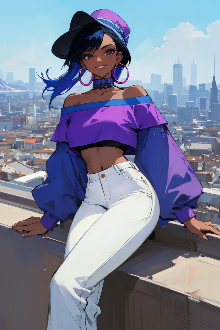 ((Highest quality)), ((masterpiece)), (be familiar with),woman, Black Hair, Blue Hair, Two-tone hair, Dark Skin, , hat, Purple Shirt,Crop top, Off the shoulder, White pants, Hoop Earrings, smile, Cityscape, blue sky
