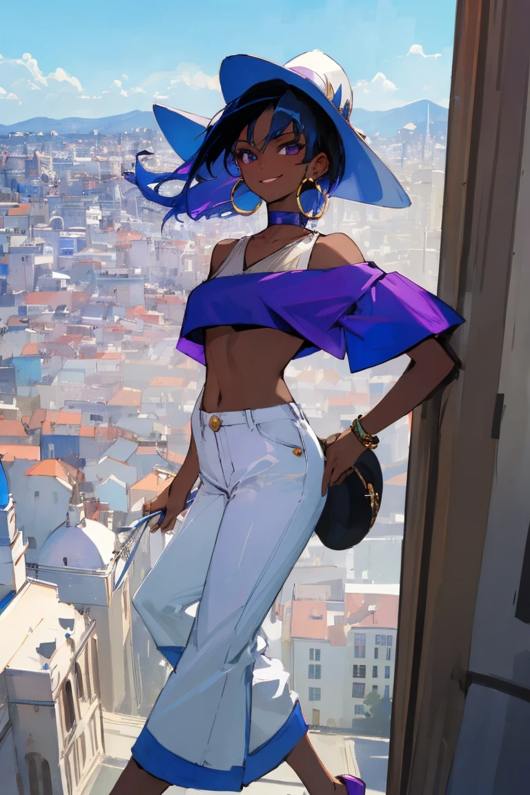 ((Highest quality)), ((masterpiece)), (be familiar with),woman, Black Hair, Blue Hair, Two-tone hair, Dark Skin, , hat, Purple Shirt,Crop top, Off the shoulder, White pants, Hoop Earrings, smile, Cityscape, blue sky