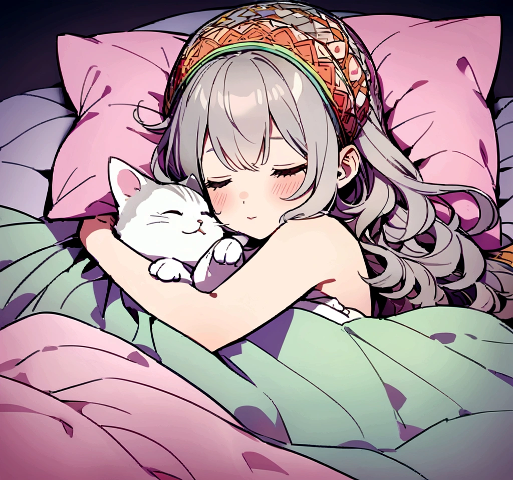 hug my cat in bed, while we sleep hugging and covering ourselves with the colored sheet