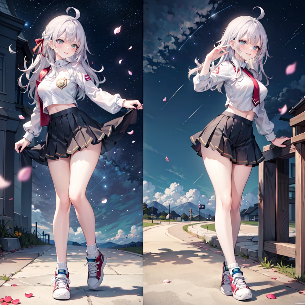 realistic image, detailed image, coherent image, 1 beautiful girl, she has very long hair, white hair, light blue eyes, smiling expression. She is wearing a long-sleeved t-shirt, showing her navel, a pleated miniskirt, sneakers, She has a curvy body, medium breasts and thick thighs, She is posing sensually, lifting her skirt a little, arching her back, black background, uniform background, starry night, flower petals falling around, Soft focus, full body view, Dramatic shadows, Volumetric lighting, natural lighting,Alisa Mikhailovna Kujou,ahoge
