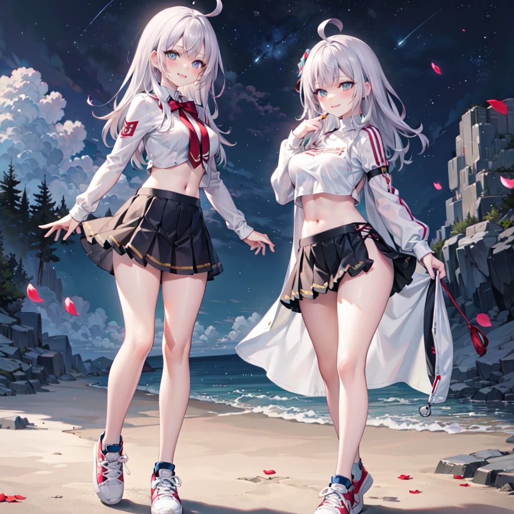 realistic image, detailed image, coherent image, 1 beautiful girl, she has very long hair, white hair, light blue eyes, smiling expression. She is wearing a long-sleeved t-shirt, showing her navel, a pleated miniskirt, sneakers, She has a curvy body, medium breasts and thick thighs, She is posing sensually, lifting her skirt a little, arching her back, black background, uniform background, starry night, flower petals falling around, Soft focus, full body view, Dramatic shadows, Volumetric lighting, natural lighting,Alisa Mikhailovna Kujou,ahoge
