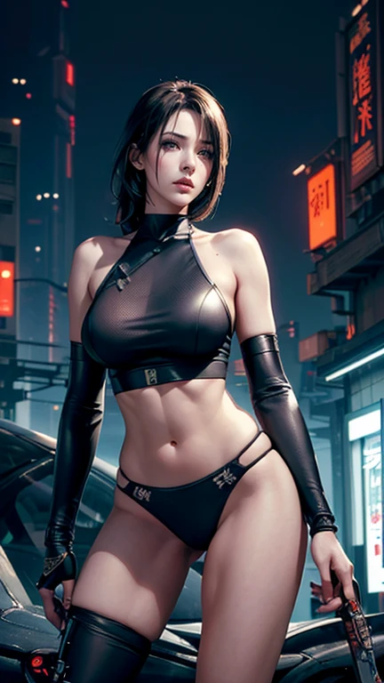a Futuristic female warrior holding a katana, (Detailed skin), Pale skin, (in a deep neckline highly detailed sexy Futuristic cyberpunk black crop top and underpants made of circuit boards, Japanese words with flare effect, A beautiful epic composition, Futuristic, masterpiece, Charm, Pose for a photo
