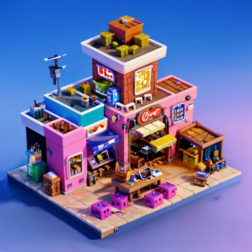 There is a miniature model of a pc shop,Highly detailed visual espresso, stylized 3d render, hyper detailed 3d render, hyper detailed 3d render, 3 d stylize scene, hyper detailed scene, 3 d render stylized, highly detailed scenario, highly detailed 3d render, highly detailed 3d render, miniature pc shop