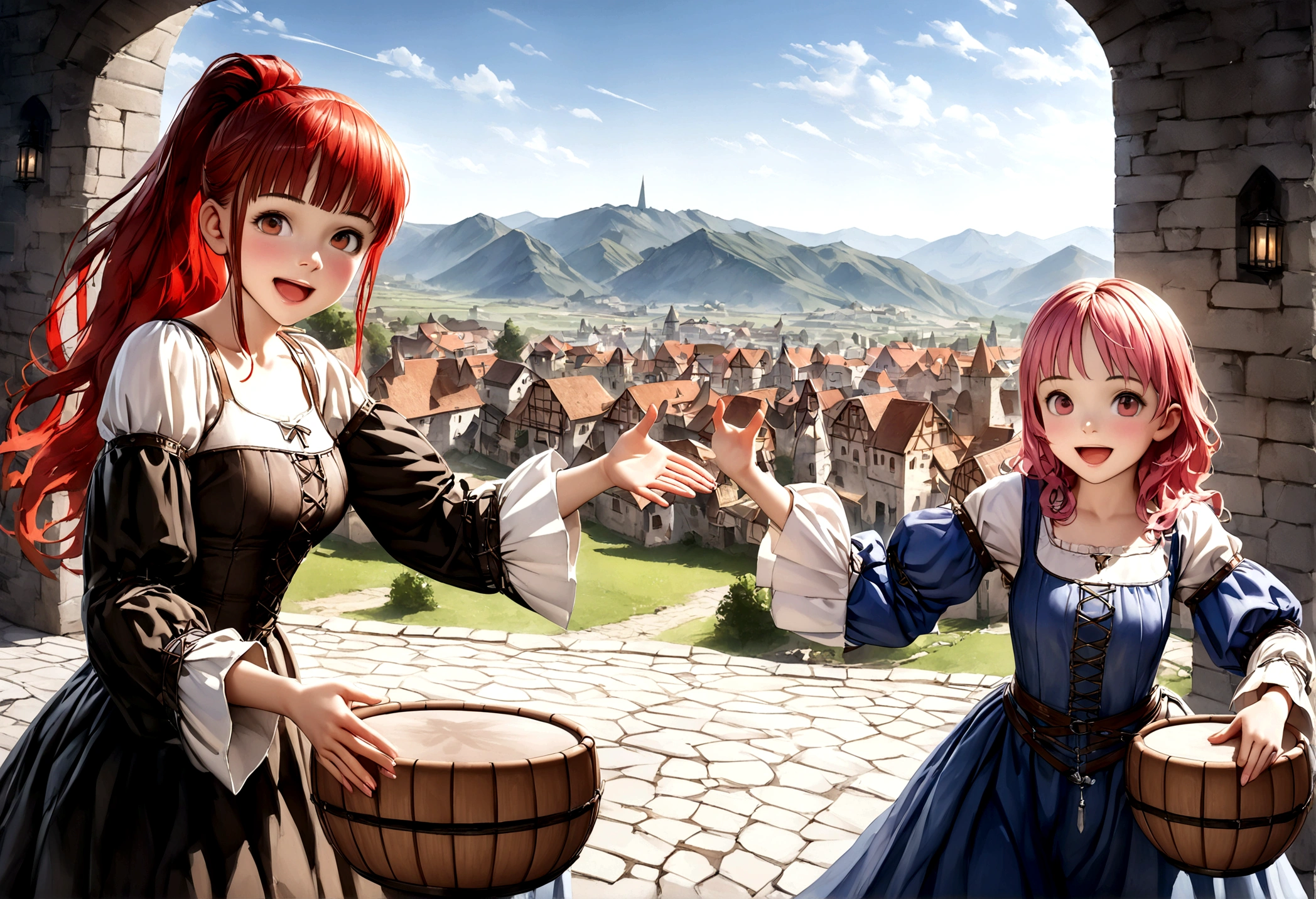 (((Top quality, 4k, 8k, high resolution, masterpiece: 1.2))), (super detailed), (realistic), (photorealistic), (photorealistic: 1.37), (HDR, UHD), (studio (lighting)), ultra-fine drawing, sharp focus, physically based rendering, highly detailed, professional, vibrant colors, perfect ditaile hand, highly detailed realistic eyes, girl, one girl, multiple girls, A lot of girls, smile, open mouth, close mouth, short hair, medium hair, medium length, long hair, ponytail, red hair, blue hair, blonde hair, green hair, pink hair, medieval European clothing, Citizen's Clothing from Medieval Europe, miniskirt, mid-length skirt, long skirt, chinos pants, (((playing the bongo))), Medieval European town, Countryside, Medieval European rural village, Rural grassland, Mountain view, Rural river, Irrigation canal, anime, cartoon, kawaii, qute, (((Long shot, Panorama, Distant view, Vast landscape))), knees, feet, looking at viewer,