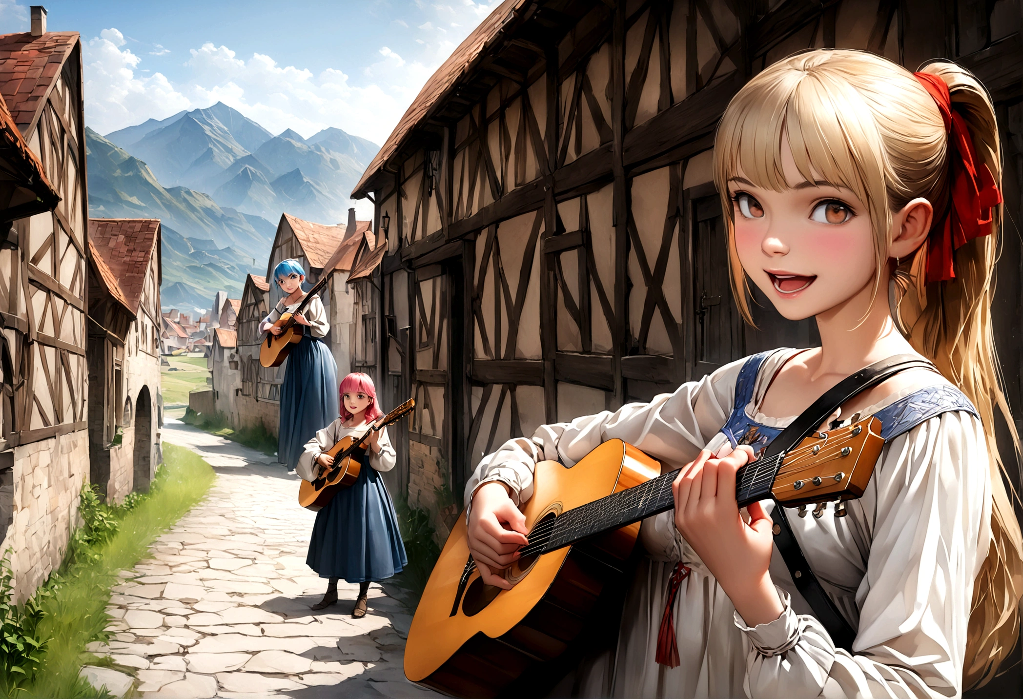 (((Top quality, 4k, 8k, high resolution, masterpiece: 1.2))), (super detailed), (realistic), (photorealistic), (photorealistic: 1.37), (HDR, UHD), (studio (lighting)), ultra-fine drawing, sharp focus, physically based rendering, highly detailed, professional, vibrant colors, perfect ditaile hand, highly detailed realistic eyes, girl, one girl, multiple girls, A lot of girls,  smile, open mouth, close mouth, short hair, medium hair, medium length, long hair, ponytail, red hair, blue hair, blonde hair, green hair, pink hair, medieval European clothing, Citizen's Clothing from Medieval Europe, miniskirt, mid-length skirt, long skirt, chinos pants, (((Girls playing guitar))), Medieval European town, Countryside, Medieval European rural village, Rural grassland, Mountain view, Rural river, Irrigation canal, anime, cartoon, kawaii, qute, (((Long shot, Panorama, Distant view, Vast landscape))), knees, feet,  looking at viewer, 