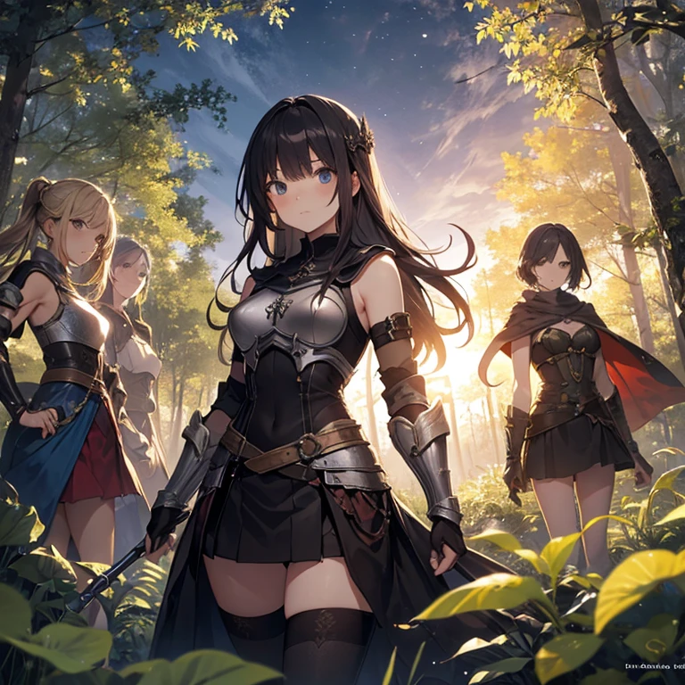 A group of  female medieval fantasy adventurers, (in forest), various hair styles, harem, night, details face, short skirt, seducing, sleeveless, armor 