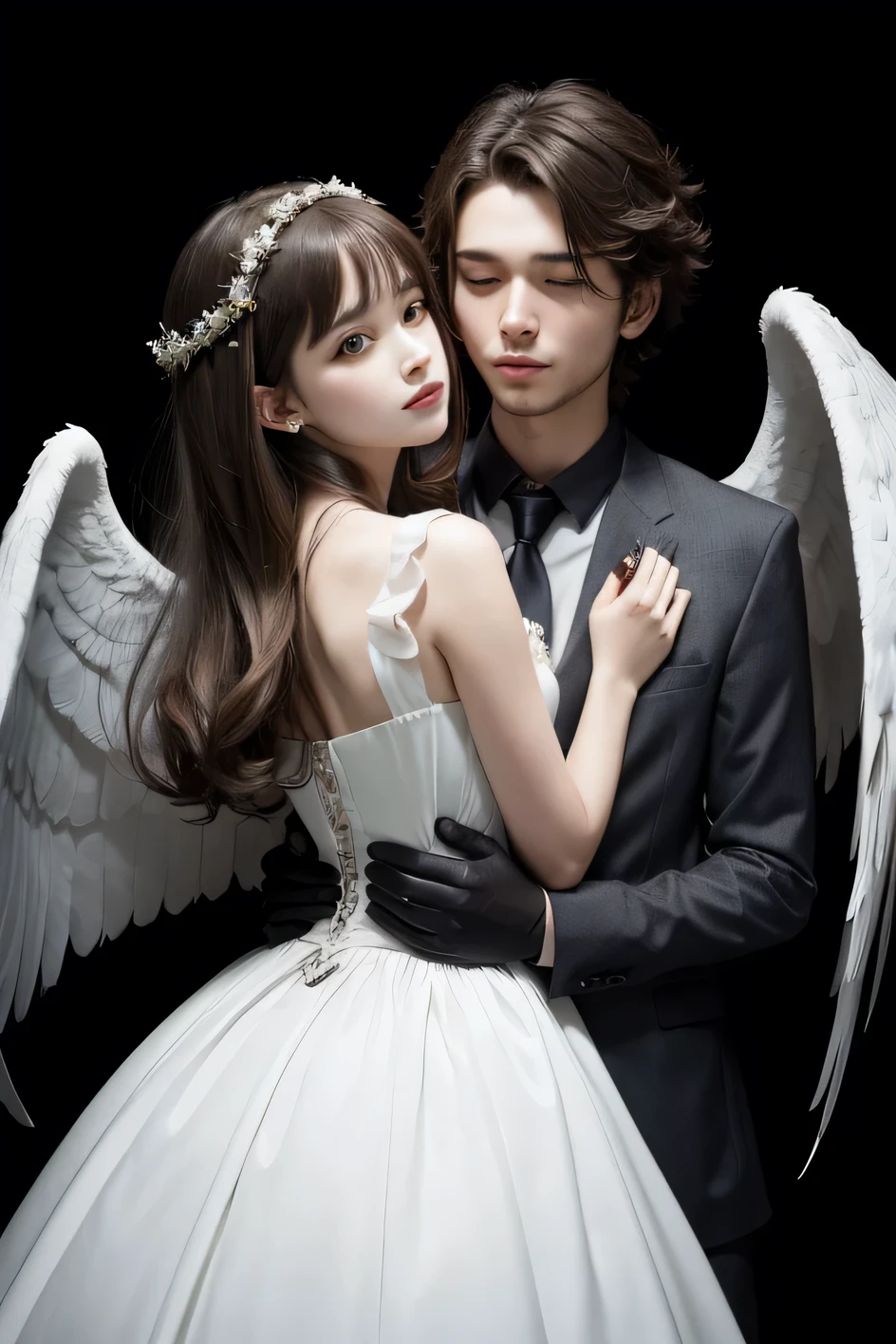 ((best qualityer)), ((work of art)), (detailded), 1 wolf girl hugging an angel of death boy 