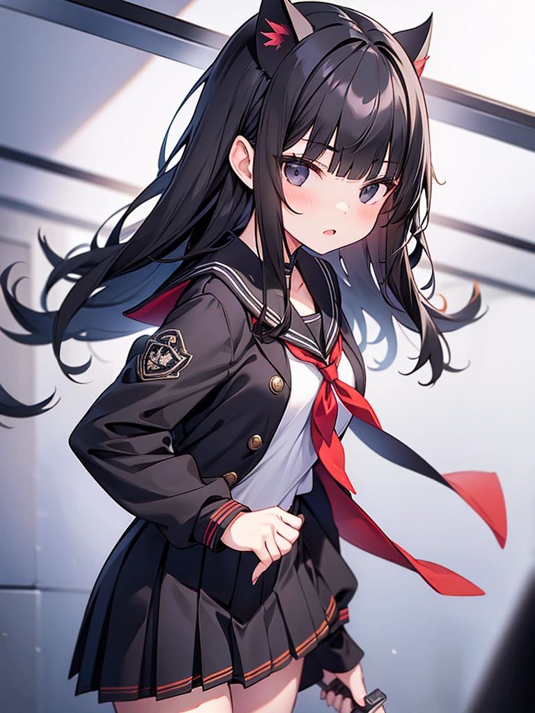 1girl, Black Hair, Blunt Bangs, medium hair, straight hair, Cat Eyes, knives-like horns, cowboy shot, black eyes, High school girls, Sailor suit,