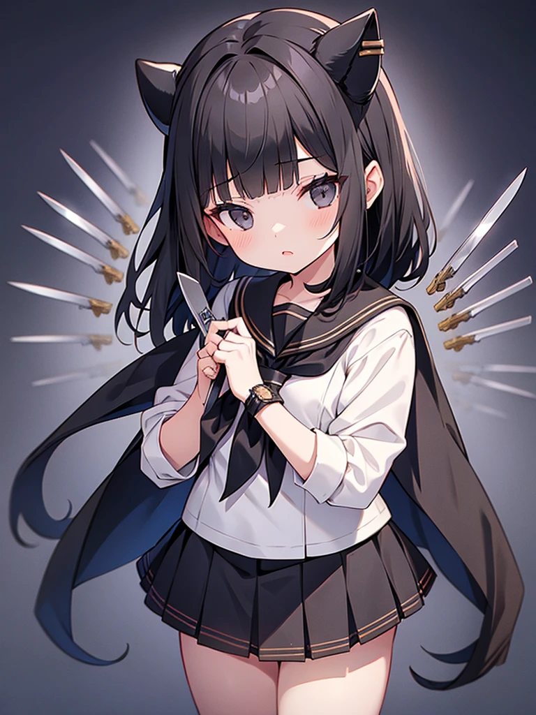 1girl, Black Hair, Blunt Bangs, medium hair, straight hair, Cat Eyes, knives-like horns, cowboy shot, black eyes, High school girls, Sailor suit,