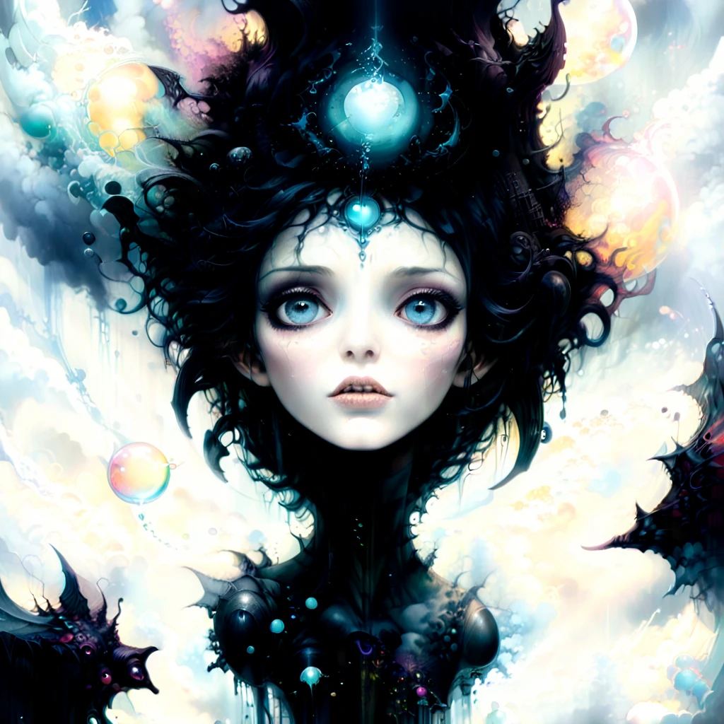 In a dark whimsical, starkly cartoon world, a kaleidoscope of flying objects swirls against surreal macbre landscapes, inspired by the ethereal sounds of death rattles.Gentle monsters, and horrific fantasy converge as vibrant colors, dark matter and exaggerated cherubs come alive. A visceral realm unfolds, reminiscent of HP Lovcrafts mythos, Broms distinctive art style. Against a backdrop of angrily moody clouds and falling bubble drip skies, photorealistic concept art by Karol Bak and frances bacon captures the magic and mysteries of this world in motion. (art inspired by dark Goth New schooll). oil painting) Hyperstylized, hyper detailed, hyper surrealistic insanity, ominous energy, devouring, consuming,
