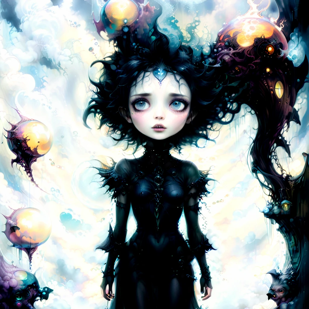 In a dark whimsical, starkly cartoon world, a kaleidoscope of flying objects swirls against surreal macbre landscapes, inspired by the ethereal sounds of death rattles.Gentle monsters, and horrific fantasy converge as vibrant colors, dark matter and exaggerated cherubs come alive. A visceral realm unfolds, reminiscent of HP Lovcrafts mythos, Broms distinctive art style. Against a backdrop of angrily moody clouds and falling bubble drip skies, photorealistic concept art by Karol Bak and frances bacon captures the magic and mysteries of this world in motion. (art inspired by dark Goth New schooll). oil painting) Hyperstylized, hyper detailed, hyper surrealistic insanity, ominous energy, devouring, consuming, 