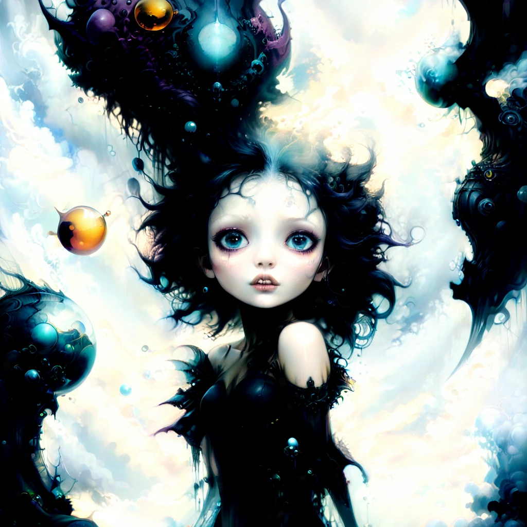 In a dark whimsical, starkly cartoon world, a kaleidoscope of flying objects swirls against surreal macbre landscapes, inspired by the ethereal sounds of death rattles.Gentle monsters, and horrific fantasy converge as vibrant colors, dark matter and exaggerated cherubs come alive. A visceral realm unfolds, reminiscent of HP Lovcrafts mythos, Broms distinctive art style. Against a backdrop of angrily moody clouds and falling bubble drip skies, photorealistic concept art by Karol Bak and frances bacon captures the magic and mysteries of this world in motion. (art inspired by dark Goth New schooll). oil painting) Hyperstylized, hyper detailed, hyper surrealistic insanity, ominous energy, devouring, consuming,