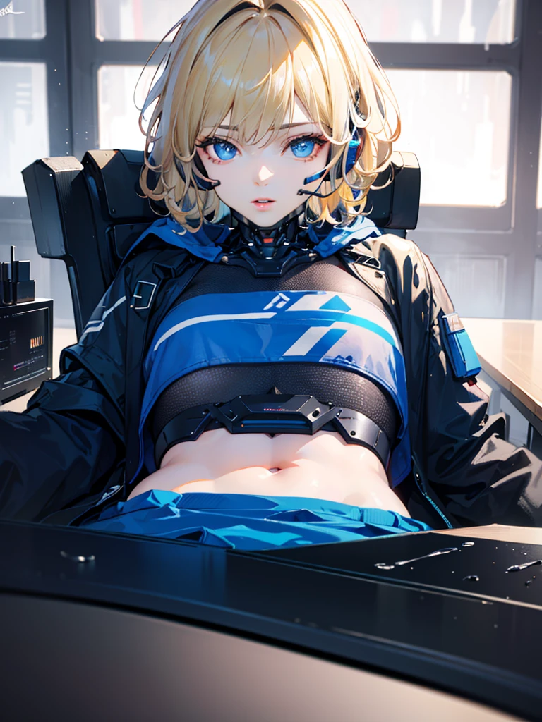 1 boy, blonde short messy hair, blue eyes, beautiful detailed eyes, beautiful detailed lips, extremely detailed eyes and face, cyborg, futuristic headset, cyborg crop top armor, mind control device on head, lying on futuristic table, futuristic lab, futuristic technology, mind control device connected, looking at viewer, whole body, (best quality,4k,8k,highres,masterpiece:1.2),ultra-detailed,(realistic,photorealistic,photo-realistic:1.37),HDR,UHD,studio lighting,ultra-fine painting,sharp focus,physically-based rendering,extreme detail description,professional,vivid colors,bokeh,sci-fi,concept art