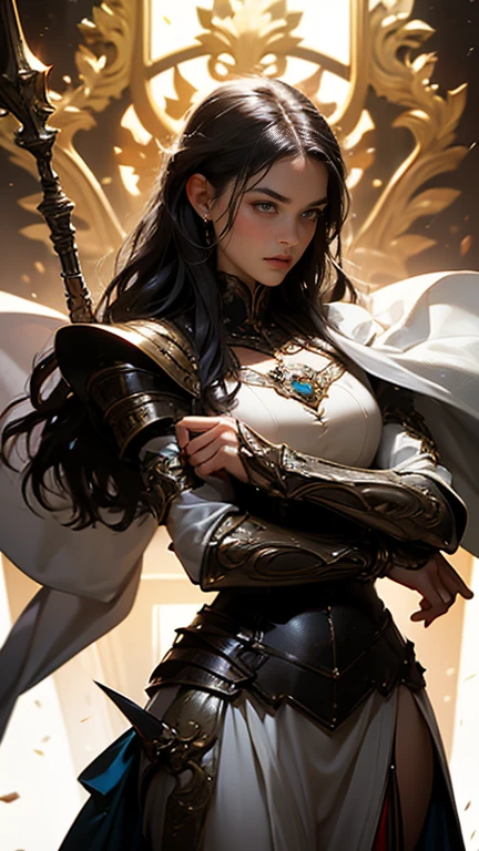 8K resolution, masterpiece, Highest quality, Award-winning works, unrealistic, sole sexy lady, healthy shaped body, 25 years old, white wavy long hair, hair band, big firm bouncing bust, ancient roman military commander's armor, Pure white armor with a complex structure, royal coat of arms, excalibur, elegant, Very detailed, Digital Painting, artステーション, コンセプトart, Smooth, Sharp focus, shape, artジャム、Greg Rutkowski、Alphonse Mucha、William Adolphe Bouguereau、art:Stephanie Law , Magnificent royal background, Royal Jewel, nature, Full Shot, Symmetric, Greg Rutkowski, Charlie Bowwater, beep, Unreal 5, Surreal, Dynamic Lighting, ファンタジーart, Complex colors, Colorful magic circle, flash, dynamic sexy poses