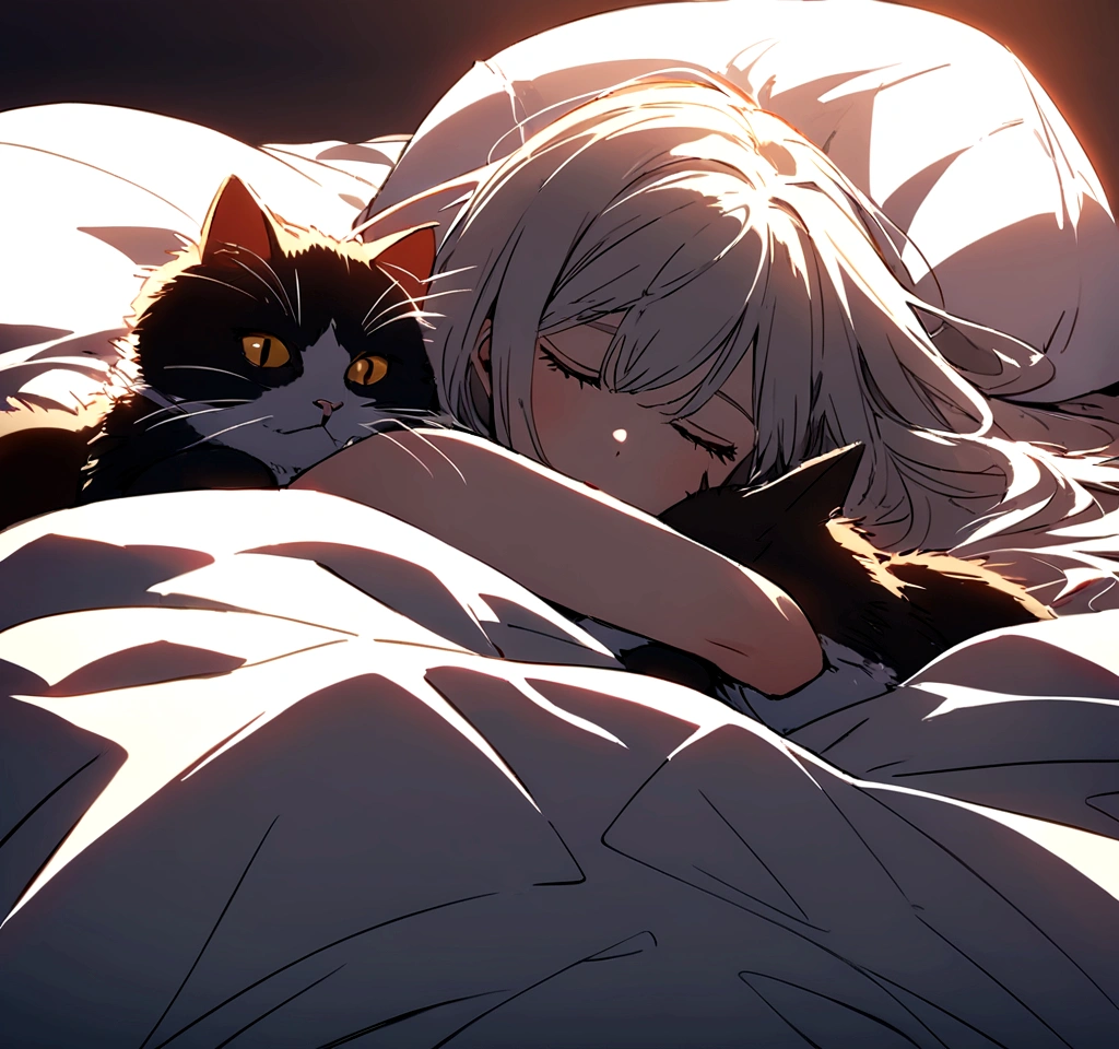 hug my cat in bed, while we sleep hugging and covering ourselves with the colored sheet