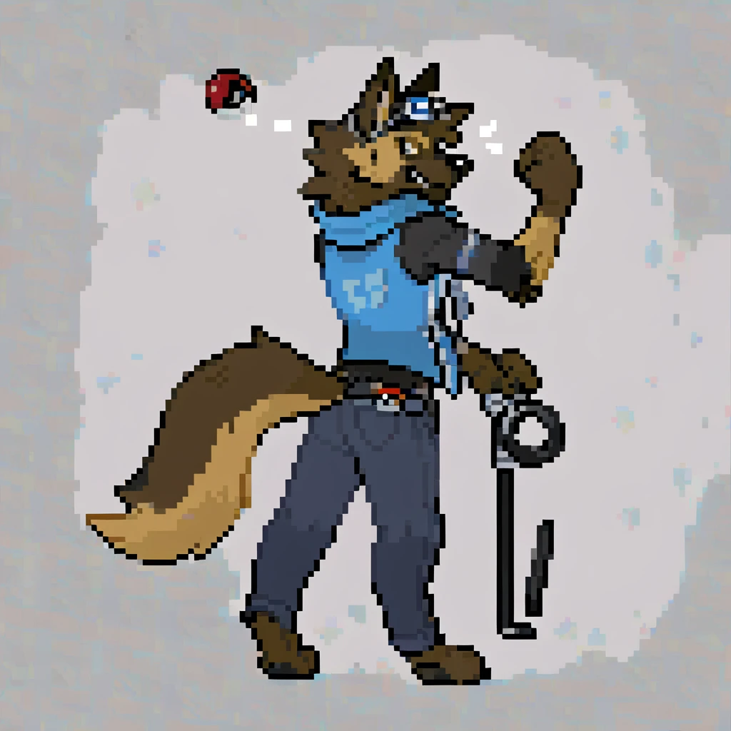 canid, canine, canis, mammal, mythological_canine, were, werecanid, werecanine, german_shepherd, brown_black_fur, brown_black_body, black_nose, large_brown_backpack, blue_vest, black_jacket, pilot_goggles, pokéball_keychain, left_fist_in_air, dark_jeans, metal_walking_cane, standing, male, fingers, fluffy, fluffy_tail, fur, thin_anthro, full_body, solo, digital_media_(artwork), hi_res, masterpiece,