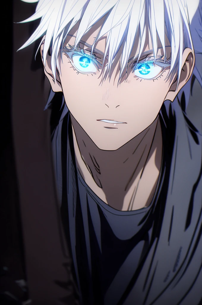  1boy, Gojo Satoru, standing, blue eyes, detailed pupils, colored eyelashes, hair between eyes, white hair, short hair, parted lips, muscular, maid dress, black apron, gloves, glow, Absurdres, Intricate Details, Masterpiece, Best Quality, High Resolution, 8k  