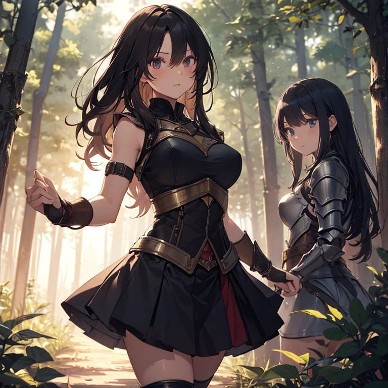 A group of  female medieval fantasy adventurers, (in forest), various hair styles, harem, night, details face, short skirt, seducing, sleeveless, armor 