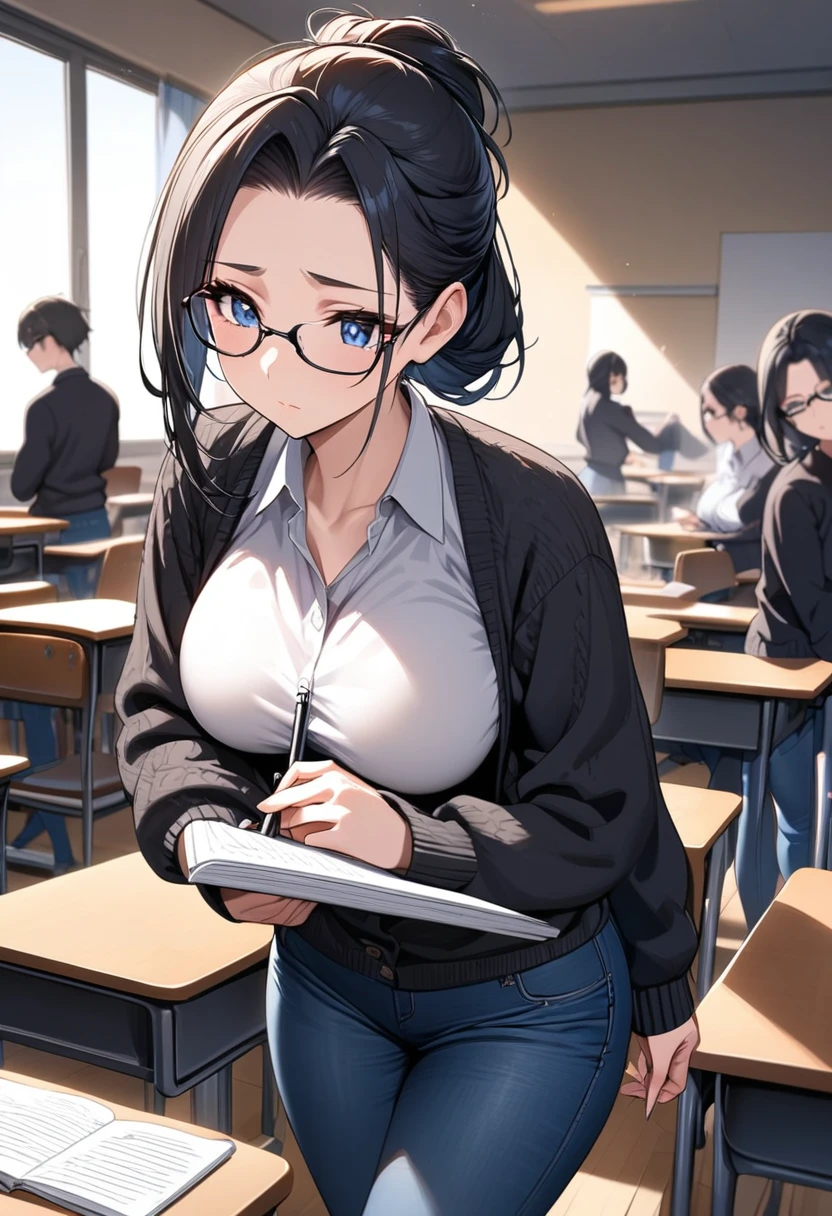 Adult female, highly detailed, glasses, short and messy black hair tied back, blue eyes with black pupils, focused, college classroom during lecture, black cardigan, jeans, perfect eyes, expressive eyes, high quality, best quality, walking, busty, sitting down, writing one-handed, expressionless, mysterious