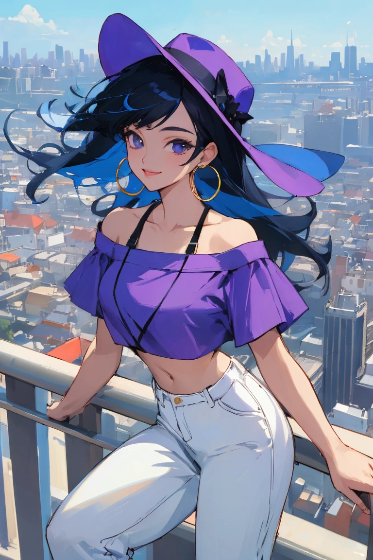 ((Highest quality)), ((masterpiece)), (be familiar with),woman, Black Hair, Blue Hair, Two-tone hair,  hat, Purple Shirt,Crop top, Off the shoulder, White pants, Hoop Earrings, smile, Cityscape, blue sky
