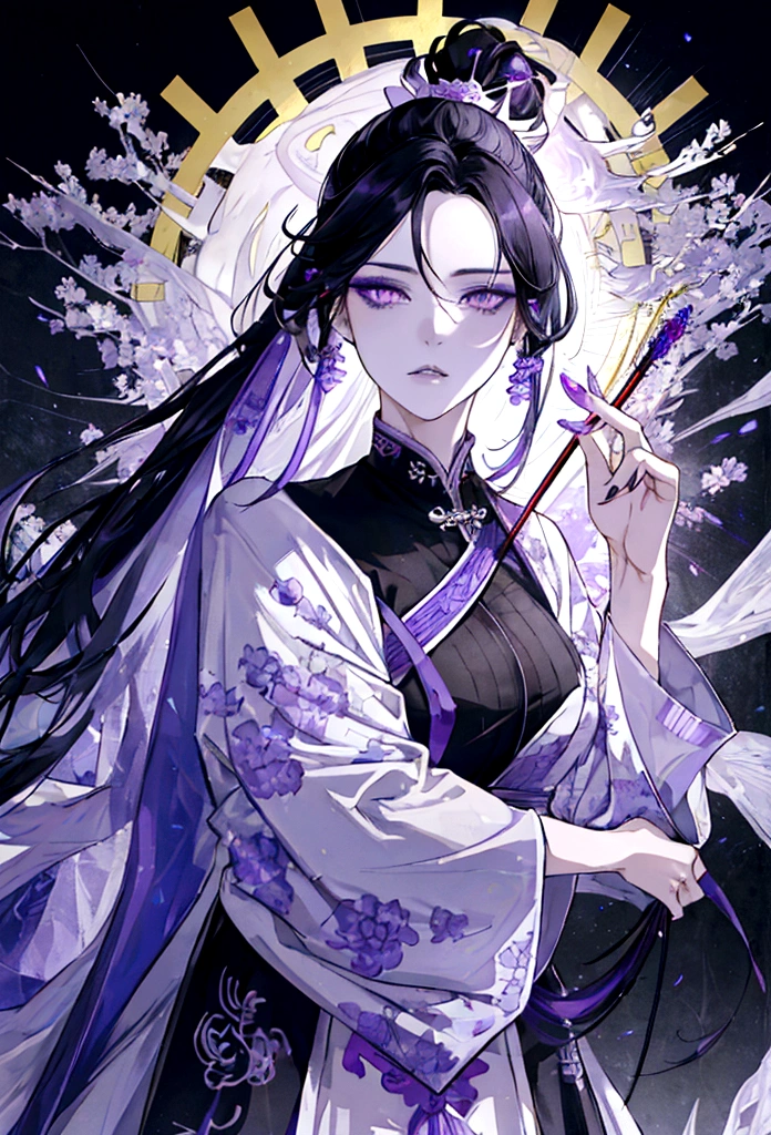 An adult tall woman, a war goddess, black hair with gray streaks, high ponytail, purple eyes, divine light, open white clothes, indifferent gaze, lipstick, dragon horns and tail, spears, reference, full height, phoenix