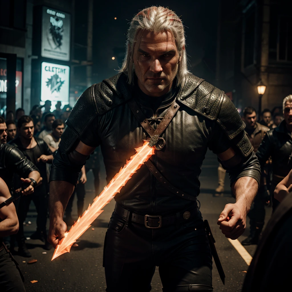 Geralt with a neon Arandite fights a crowd of Neckers