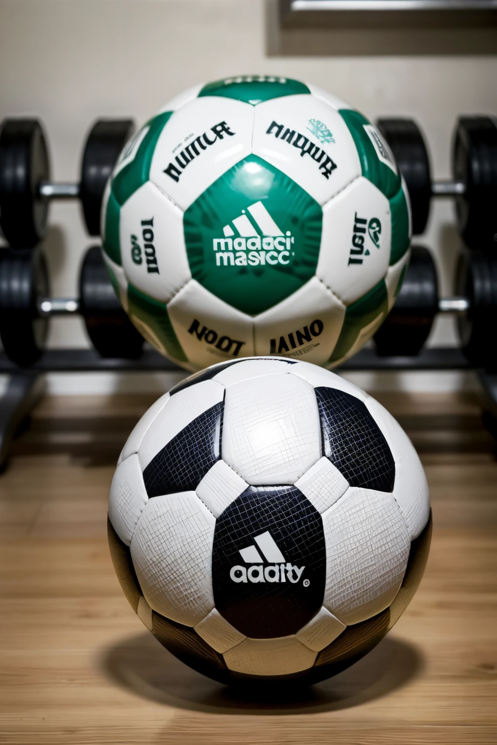 ((Best Quality)), ((Masterpiece)), (detailed), a soccer ball, with gym dumbbells, and that newspaper in the front
