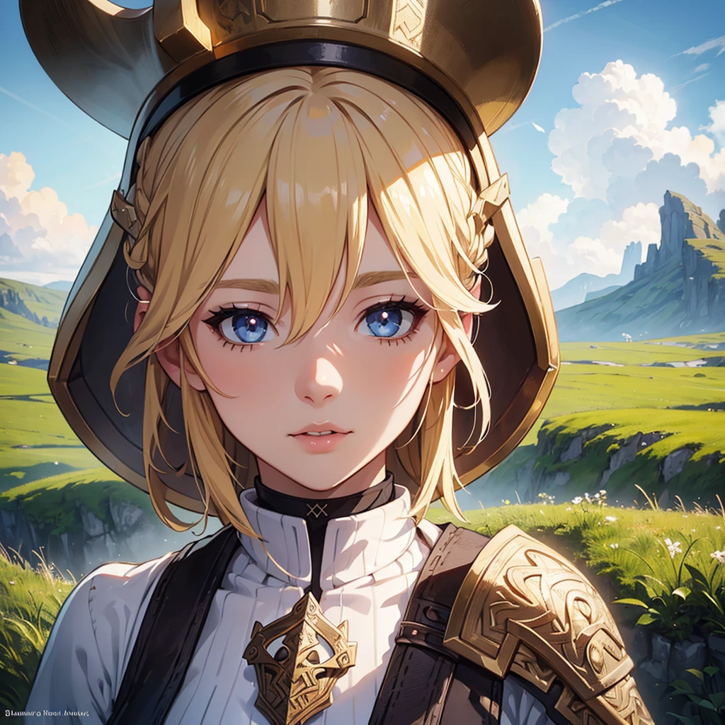 a woman viking blowing a viking horn outdoors, detailed face, detailed eyes, detailed lips, beautiful detailed skin, blonde hair, viking dress, viking helmet, ancient nordic landscape, cloudy sky, sunlight, cinematic lighting, dramatic composition, digital art, fantasy, concept art, award winning, highly detailed, intricate, 8k, photorealistic, masterpiece