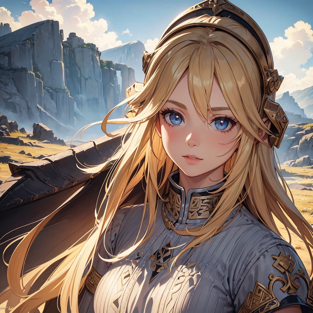 a woman viking blowing a viking horn outdoors, detailed face, detailed eyes, detailed lips, beautiful detailed skin, blonde hair, viking dress, viking helmet, ancient nordic landscape, cloudy sky, sunlight, cinematic lighting, dramatic composition, digital art, fantasy, concept art, award winning, highly detailed, intricate, 8k, photorealistic, masterpiece