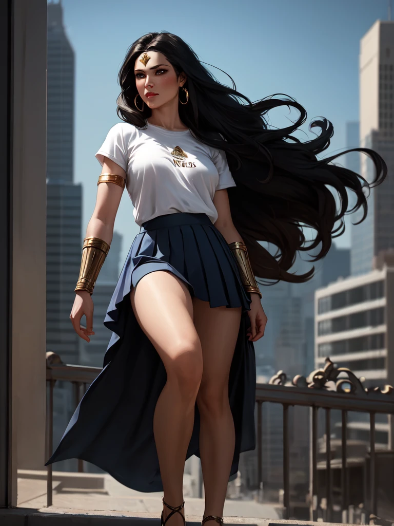 wonder woman, ((wearing a white Real Madrid tshirt)), (pretty face:1.2), (finely detailed face and beautiful eyes), mature female, muscle, bare hands, (armlet, skirt, bracer, head ring ), (black eyes, black long hair, messy hair, floating hair), ((white Real Madrid tshirt)), (long proportional legs), (best quality:1.1),(city background:1.2), dark_fantasy, wind, 35mm lens, f/1.4, 8K, ((masterpiece)), trending on Artstation, DeviantArt, Mucha, Rutkowski, artgerm