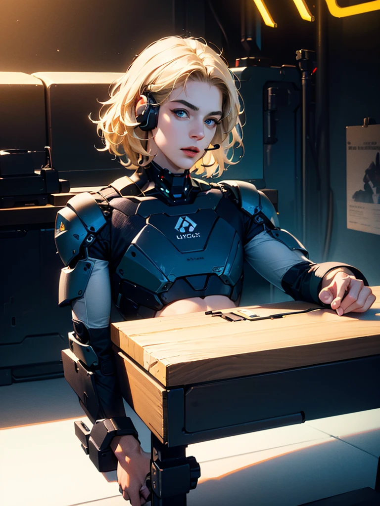 1 boy, blonde short hair, messy hair, blue eyes, beautiful detailed eyes, beautiful detailed lips, extremely detailed eyes and face, cyborg, futuristic headset, cyborg crop top armor, mind control device on head, lying on futuristic table, futuristic lab, futuristic technology, mind control device connected, looking at viewer, full body, (best quality,4k,8k,highres,masterpiece:1.2),ultra-detailed,(realistic,photorealistic,photo-realistic:1.37),HDR,UHD,studio lighting,ultra-fine painting,sharp focus,physically-based rendering,extreme detail description,professional,vivid colors,bokeh,sci-fi,concept art