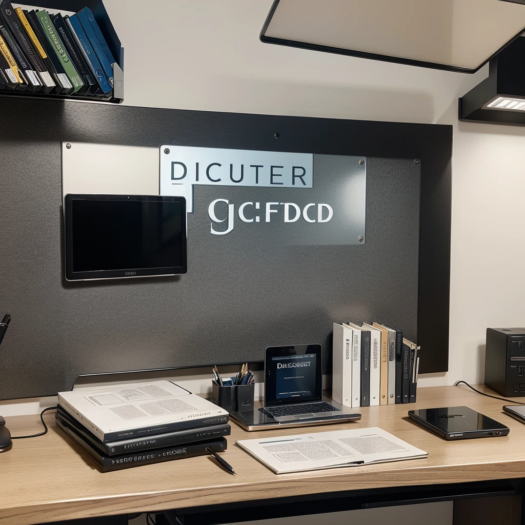 Make an image of a office desk with a name plate of it that says “Director Of CyberSecurity ” with a computer book pens on the desk as well 