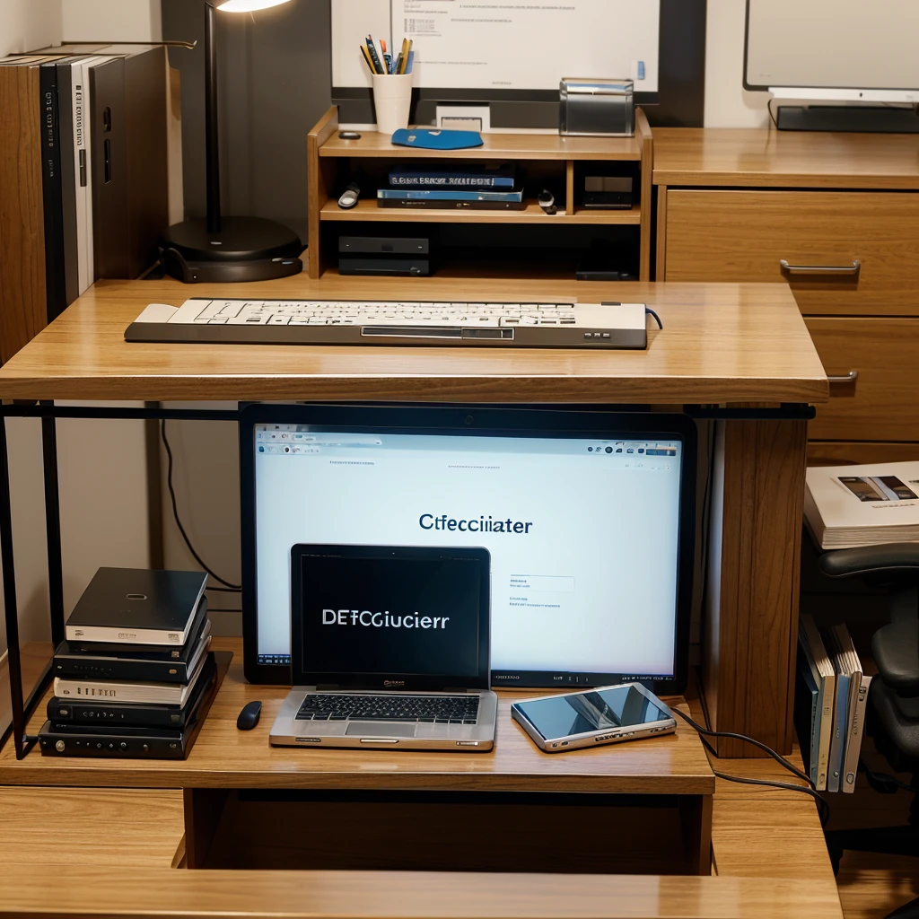 Make an image of a office desk with a name plate of it that says “Director Of CyberSecurity ” with a computer book pens on the desk as well 