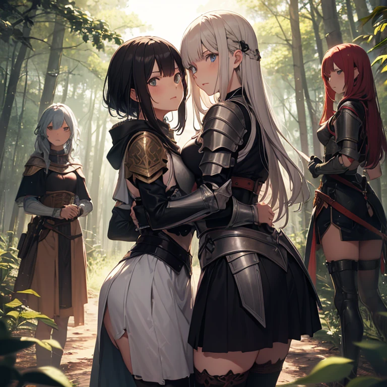 A group of female medieval fantasy adventurers, (in forest), various hair styles, harem, night, details face, short skirt, seducing, sleeveless, armor, bdsm