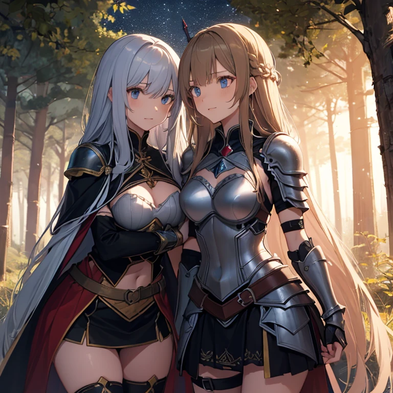 A group of  female medieval fantasy adventurers, (in forest), various hair styles, harem, night, details face, short skirt, seducing, sleeveless, armor, bdsm