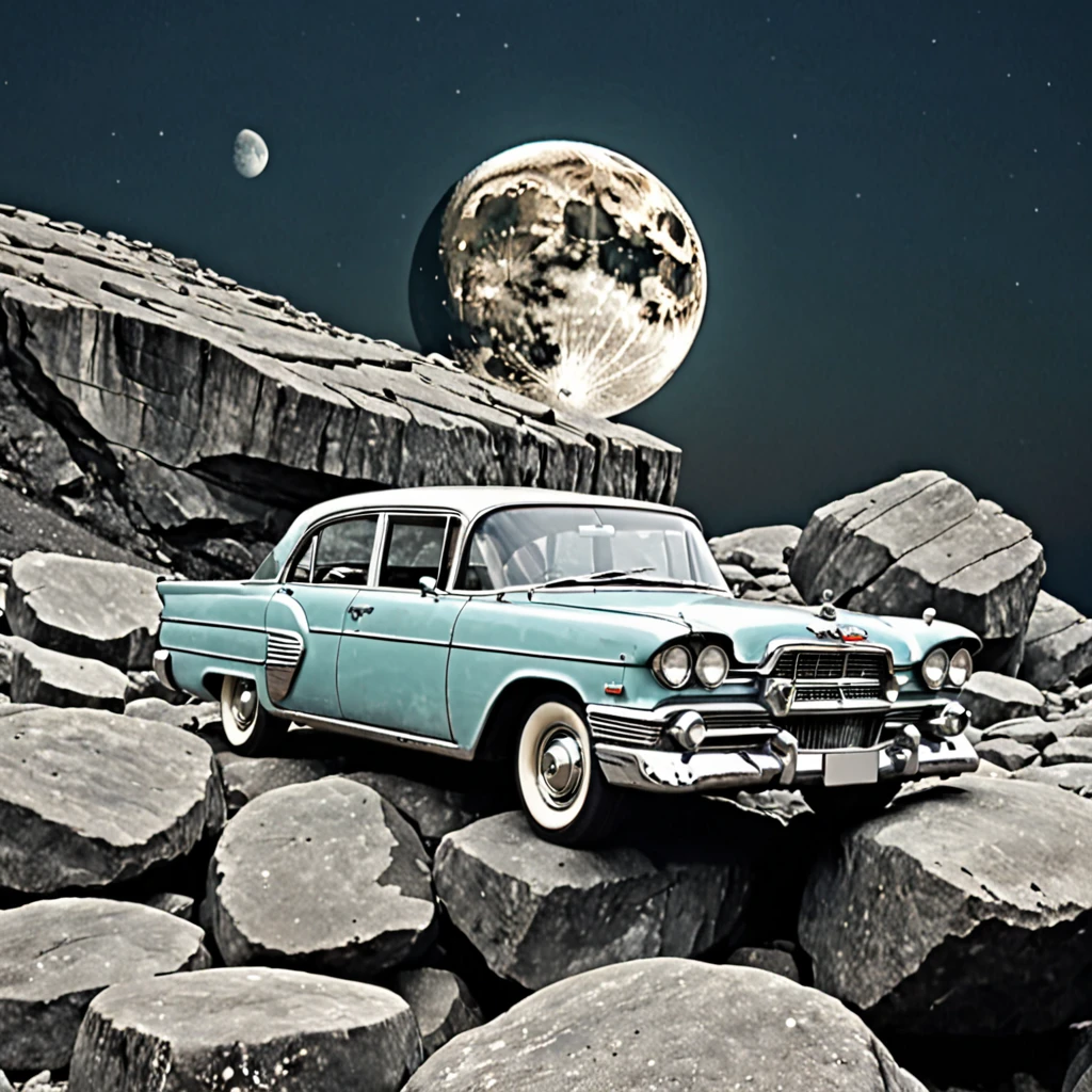 Classical car on the rocks front giant moon retro