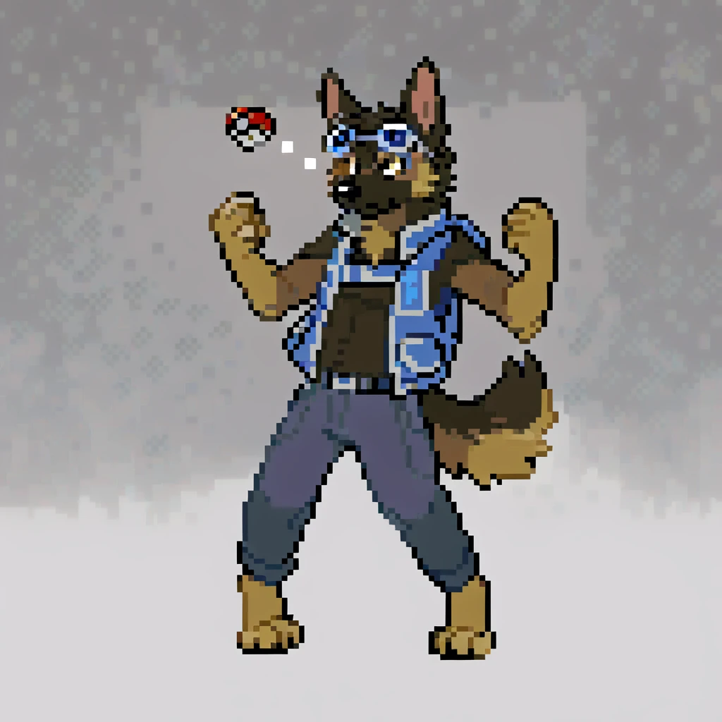 canid, canine, canis, mammal, mythological_canine, were, werecanid, werecanine, german_shepherd, brown_black_fur, brown_black_body, black_nose, large_brown_backpack, blue_vest, black_jacket, pilot_goggles, pokéball_keychain, left_fist_in_air, dark_jeans, standing, male, fingers, fluffy, fluffy_tail, fur, thin_anthro, full_body, solo, digital_media_(artwork), hi_res, masterpiece,
