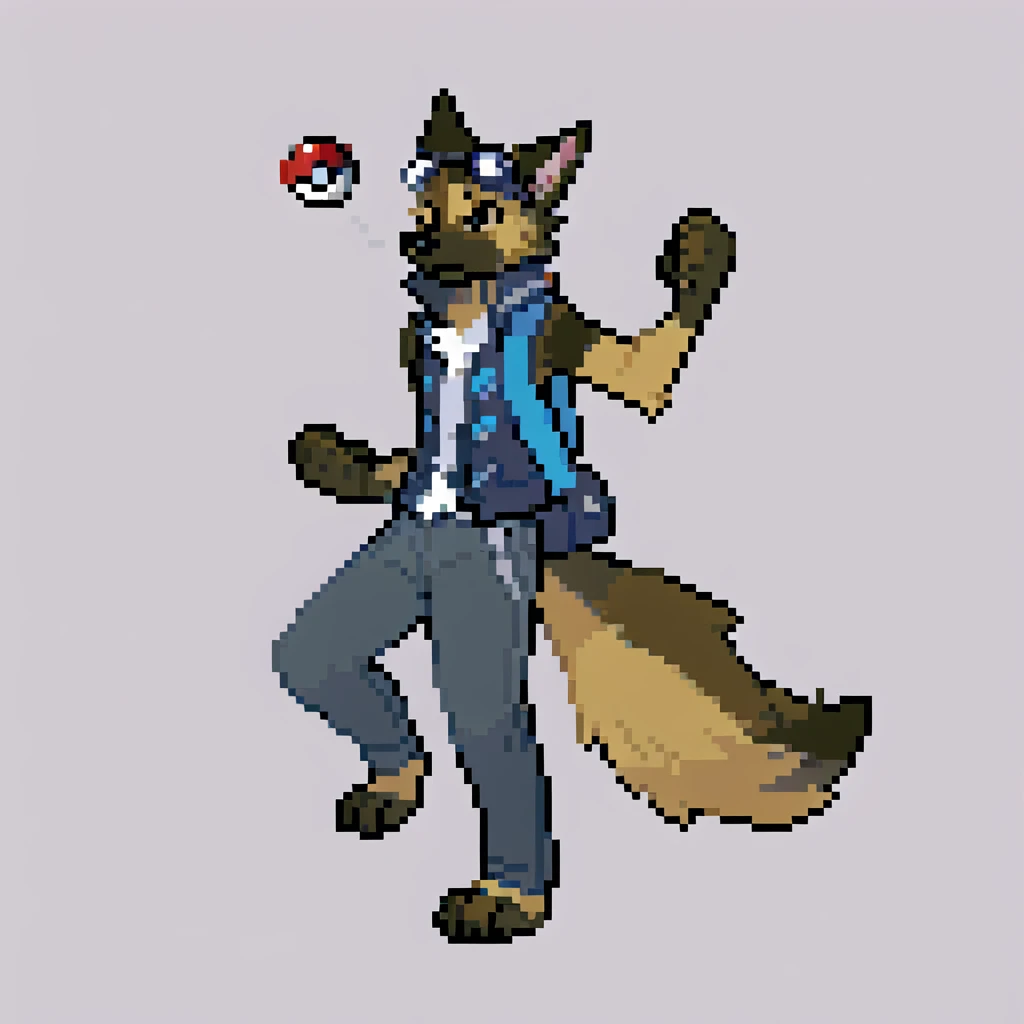 canid, canine, canis, mammal, mythological_canine, were, werecanid, werecanine, german_shepherd, brown_black_fur, brown_black_body, black_nose, large_brown_backpack, blue_vest, black_jacket, pilot_goggles, pokéball_keychain, left_fist_in_air, dark_jeans, standing, male, fingers, fluffy, fluffy_tail, fur, thin_anthro, full_body, solo, digital_media_(artwork), hi_res, masterpiece,