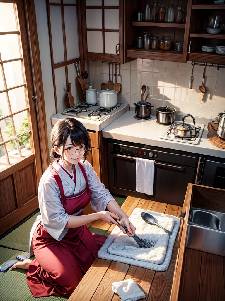 Highest quality,Highest Resolution,Middle-aged woman doing housework,kitchen,Japanese,Aunt,