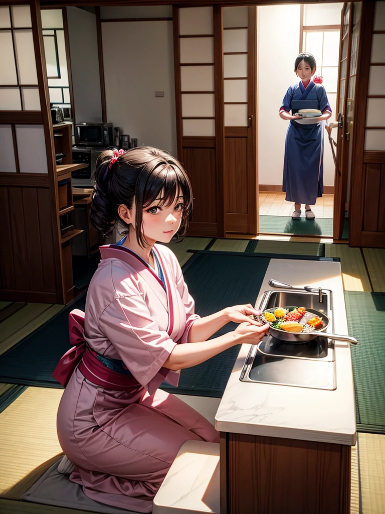 Highest quality,Highest Resolution,Middle-aged woman doing housework,kitchen,Japanese,Aunt,