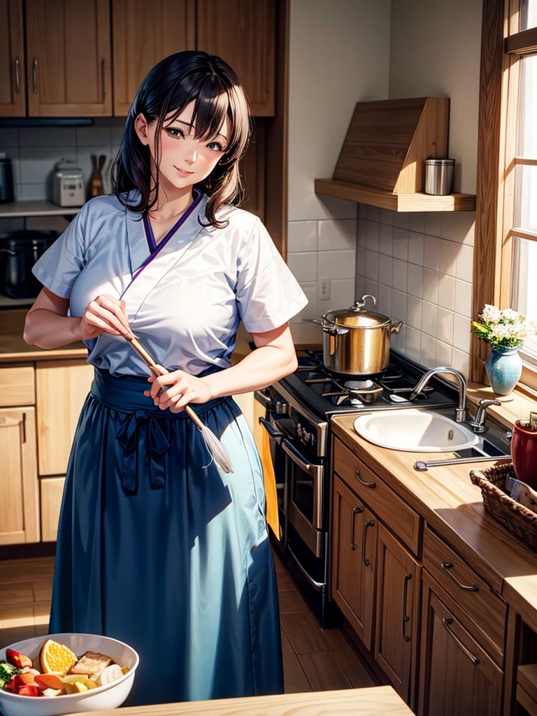 Highest quality,Highest Resolution,Middle-aged woman doing housework,kitchen,Japanese,Aunt,