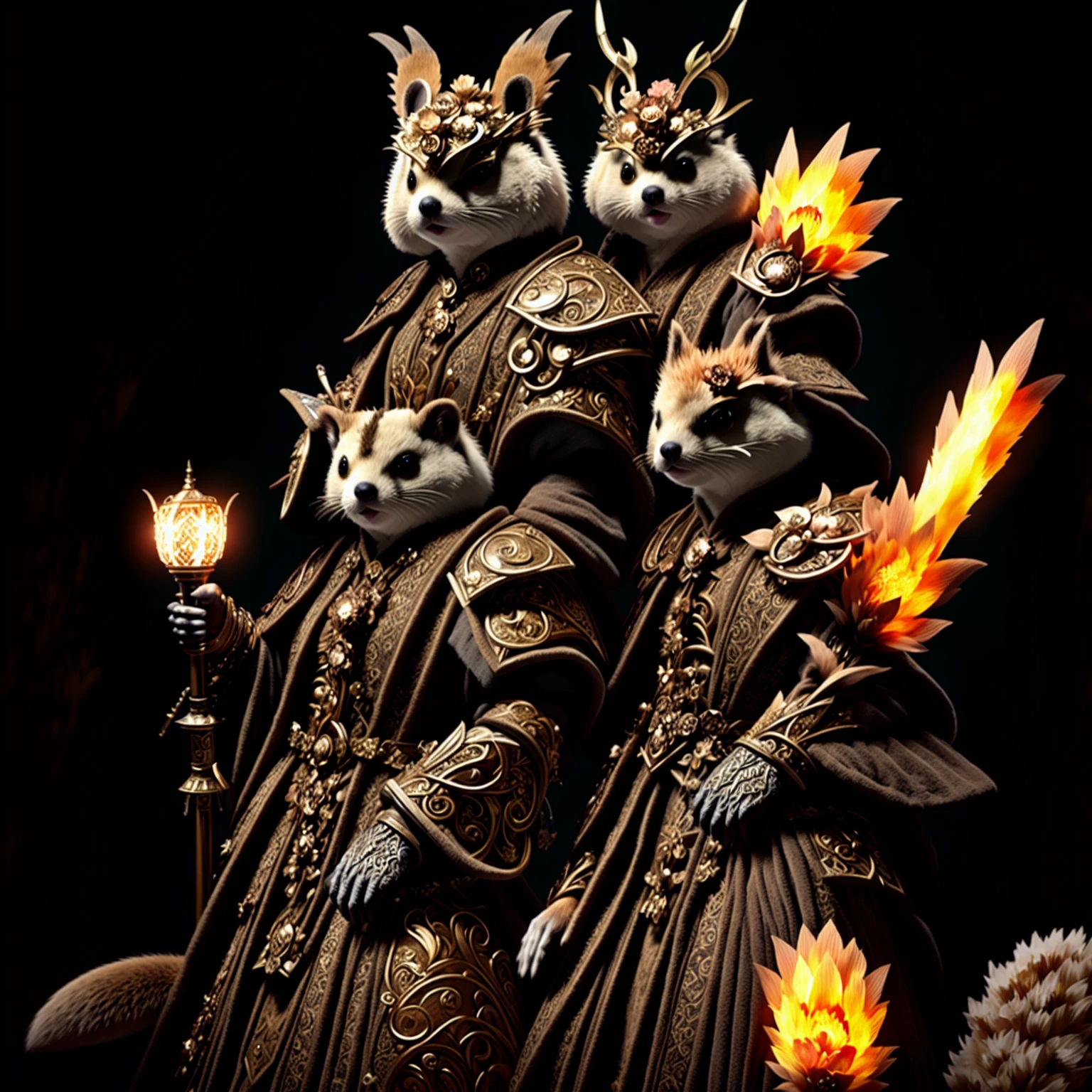 Araffe dressed in a costume with a flower helmet and a sword, hedgehog magus, kitsune inspired armor, tabaxi monk, ornate cosplay, hyperdetailed fantasy character, the squirrel king, costumed anthropomorphic otter, kitsune holding torch, dressed in an old suit, fantasy character photo, portrait of a forest mage, Portrait photo