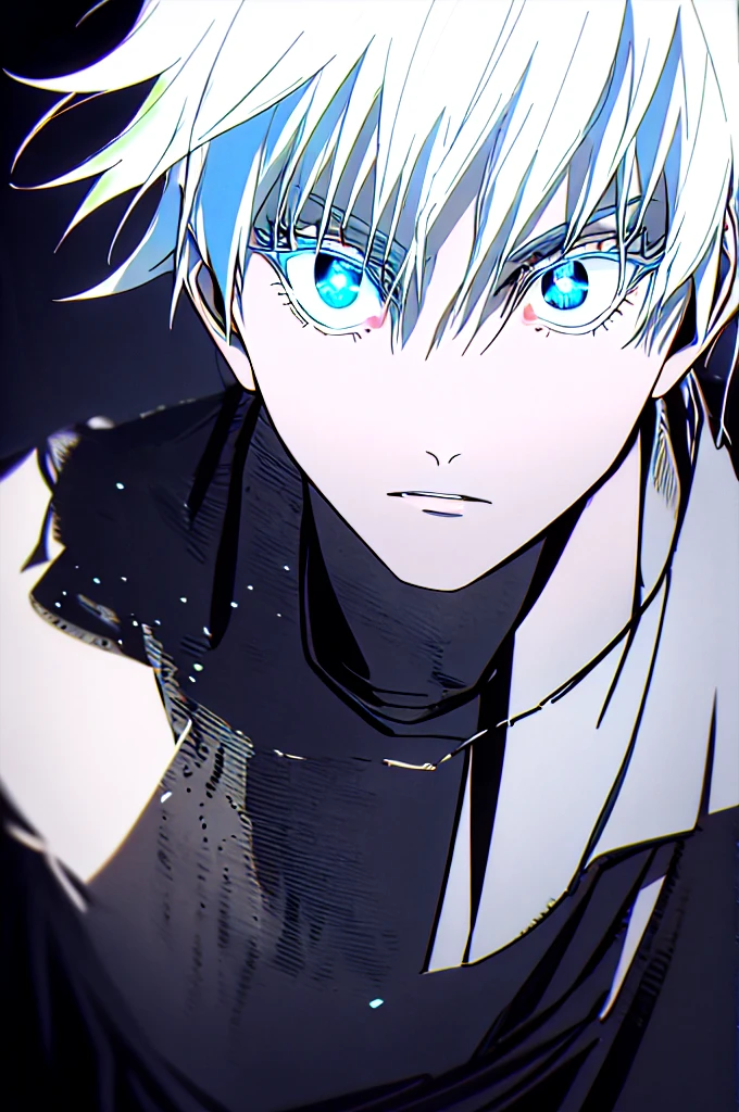 1boy, Gojo Satoru, blue eyes, detailed pupils, colored eyelashes, hair between eyes, white hair, short hair, parted lips, muscular, cute maid dress, black apron, gloves, glow, Absurdres, Intricate Details, Masterpiece, Best Quality, High Resolution, 8k