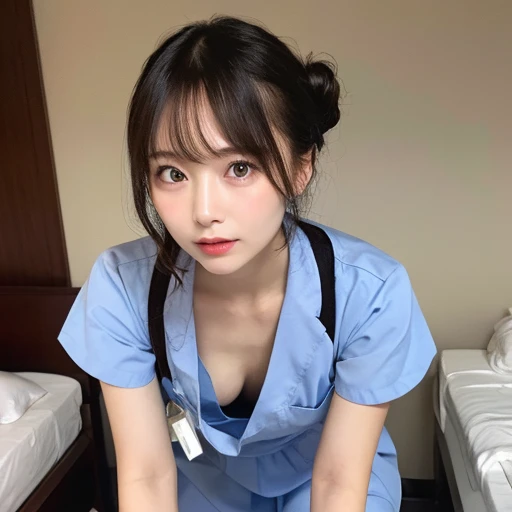 High resolution、超High resolution、photograph、Japanese Women、Looking into the distance、cute、Age 25、Random Hairstyles、Random pose、Highly detailed skin、Rough skin、Detailed chest、Japanese、Small breasts、downblouse、Blue Nurse Uniform、Hospital room