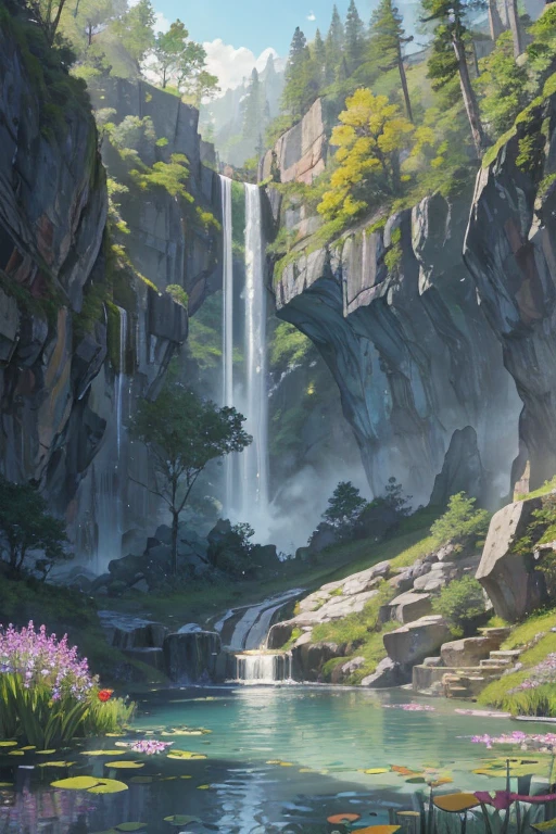 secluded area inside rock walls, waterfall falling into a pond, godrays, patches of vibrant flowers in the grass