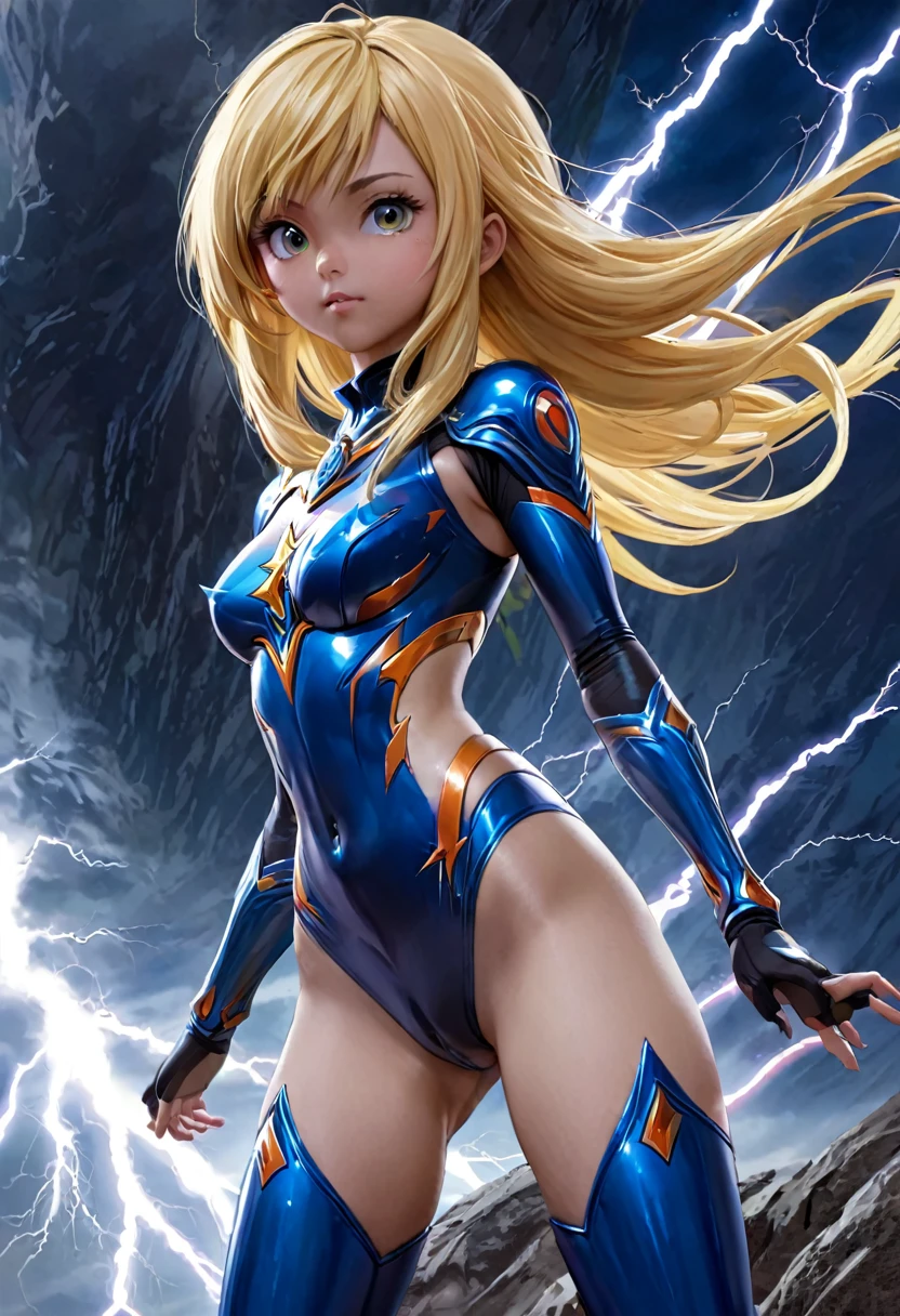 Thunder backdrop, thunder ranger, face, small breast, tight suit, speedy thunder, alien weapons